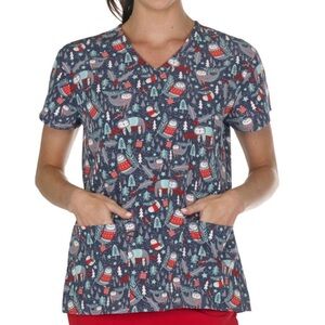 NWT Women’s Large Holiday Sloths Snooze Season Print Scrubfinity Scrub Top